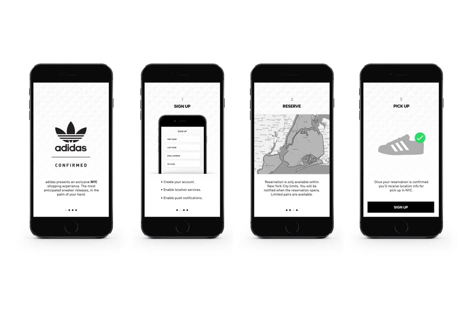adidas Confirmed app — screens showing the signup, reserve, and pick-up flow