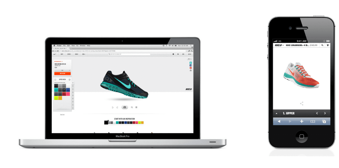 NIKEiD configurator — MacBook and iPhone showing the redesigned customization UI