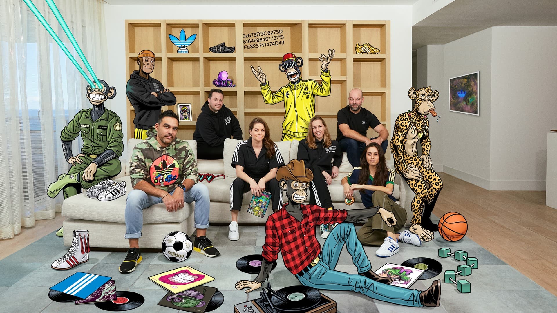 adidas Into the Metaverse program: the team with Bored Ape characters in a living room