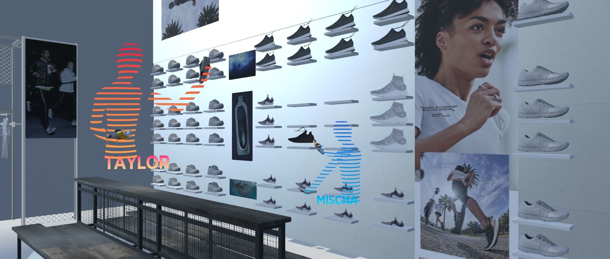 adidas Virtual Showroom — interior view of the 3D VR environment with a shoe wall, virtual avatar figures, and product displays