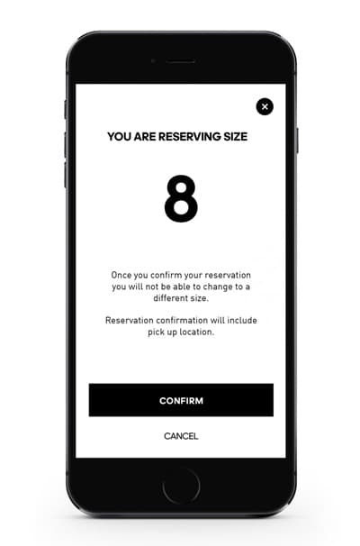 Confirmed app — size reservation confirmation screen