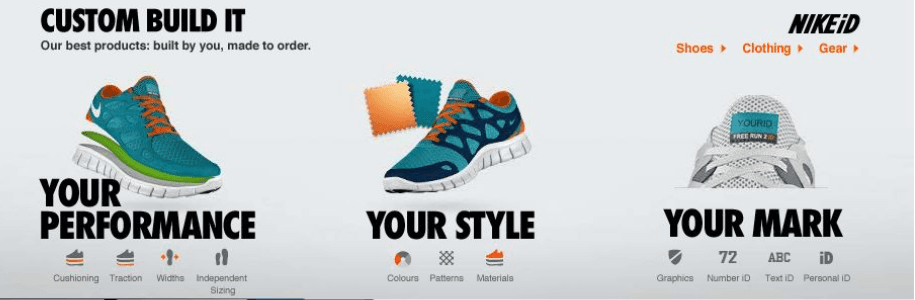 NIKEiD — Custom Build It navigation showing three columns: Your Performance, Your Style, Your Mark