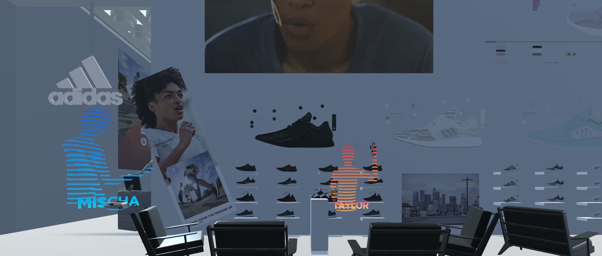 adidas Virtual Showroom — a VR meeting room with the adidas logo on the wall, virtual avatar figures, and a shared product presentation on a floating screen